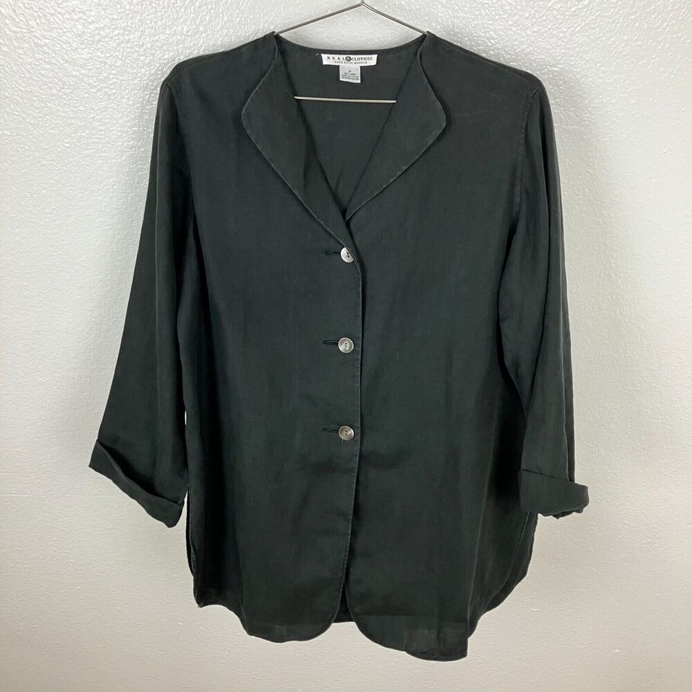 Real Cloth Saks Fifth Avenue Linen Shacket Size P Black Lagenlook Beach Casual